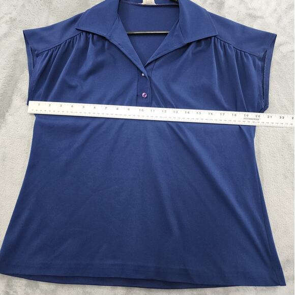Vintage Mardi Modes Cap Sleeve Collar Polo Shirt Size 16 Blue Stretch Pleated - Picture 5 of 7